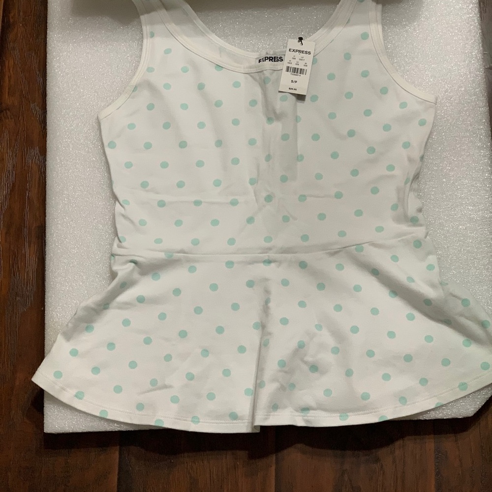 🆕 Express White and Mint Green Polka Dot Peplum Top